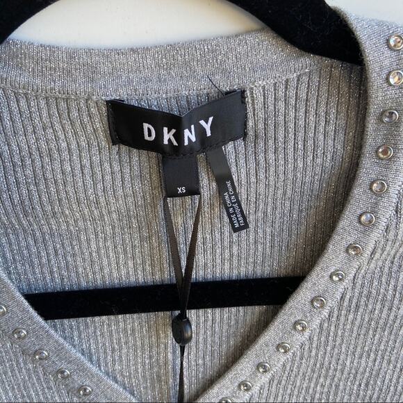 DKNY XS Grey Sparkle Ribbed Knit Rhinestone Long Sleeve Vneck Sweater - Picture 7 of 9